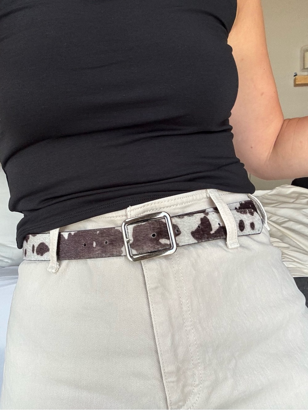 Cowhide Print Leather Belt in Brown and White - Women Accessories